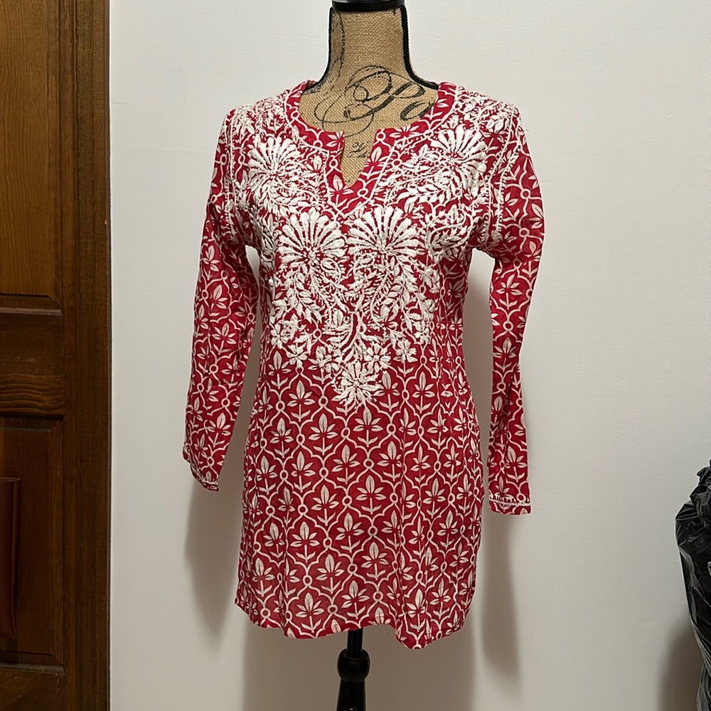 beautiful Dolma red and white hand embroidered shirt size S small made in India
